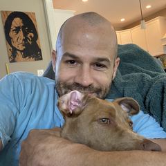 The owner at home with Mr Bubs, the family dog